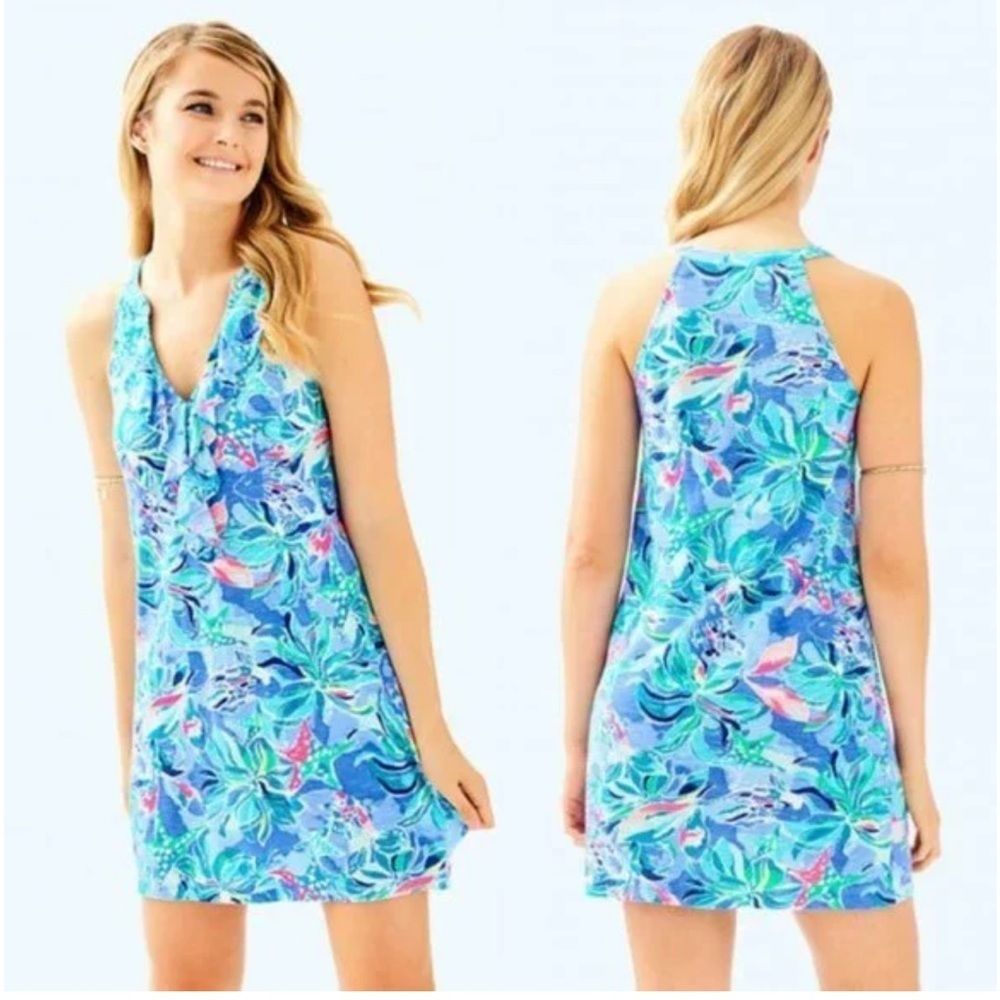 Lilly Pulitzer Shay Ruffle V-Neck Dress Celestial Seas Size Small
